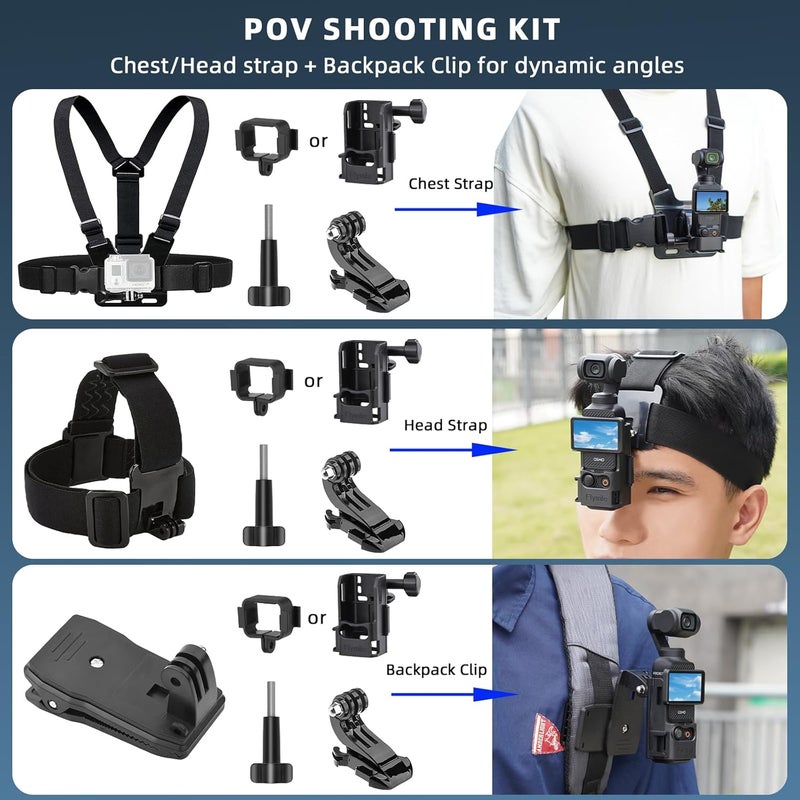 BRDRC 22 in 1 Pocket 3 Accessories Kit, Including Hard Case, Suction Car Mount, Tripod, Magnetic, Desktop Base, Selfie Stick, Chest Head Strap, Pocket 3 Phone Holder, Screen Protector, Backpack Clip - Image 3